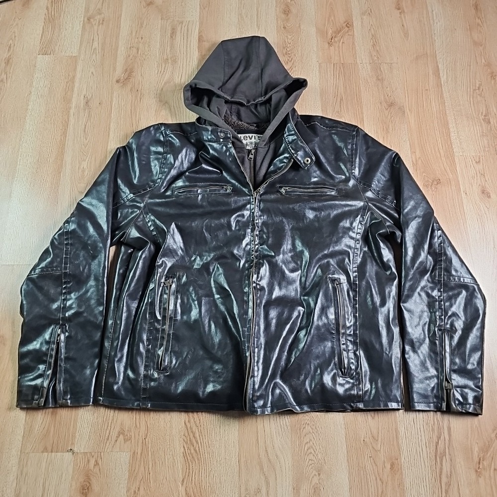 Levi's Faux Leather Jacket Mens XL Hooded Sherpa Lined Full Zip Black Western